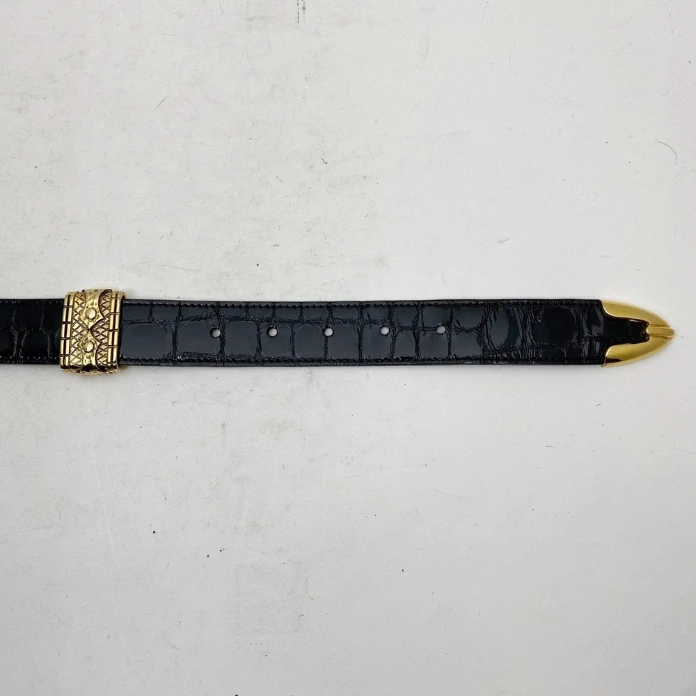 Vintage BB Simon Lion Head Belt Women 26 Black Gold Croc Embossed Patent Leather